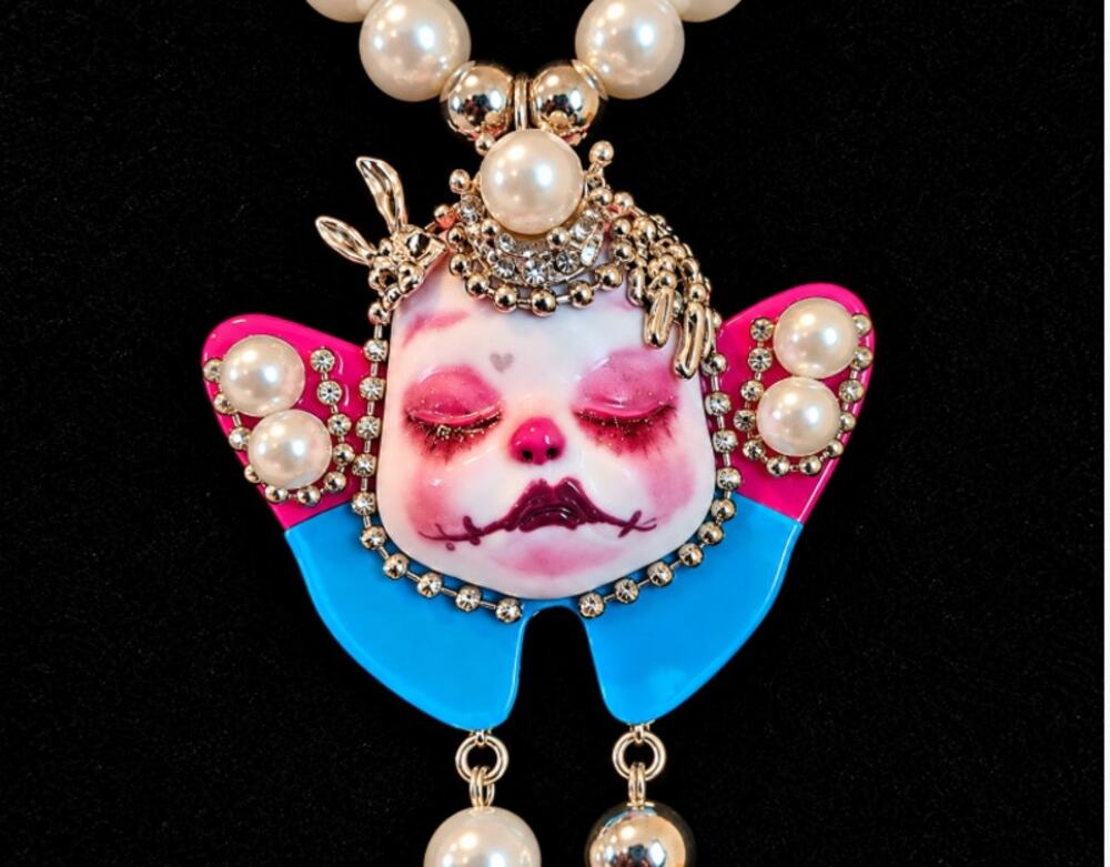 Gothic Doll Necklace Creepy Face Faux Pearls & Silver Tone Assorted Accents